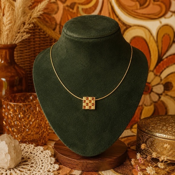 Monet Jewelry - Vintage Monet Gold Tone Checkerboard Geometric Pendant Necklace Signed 1980s